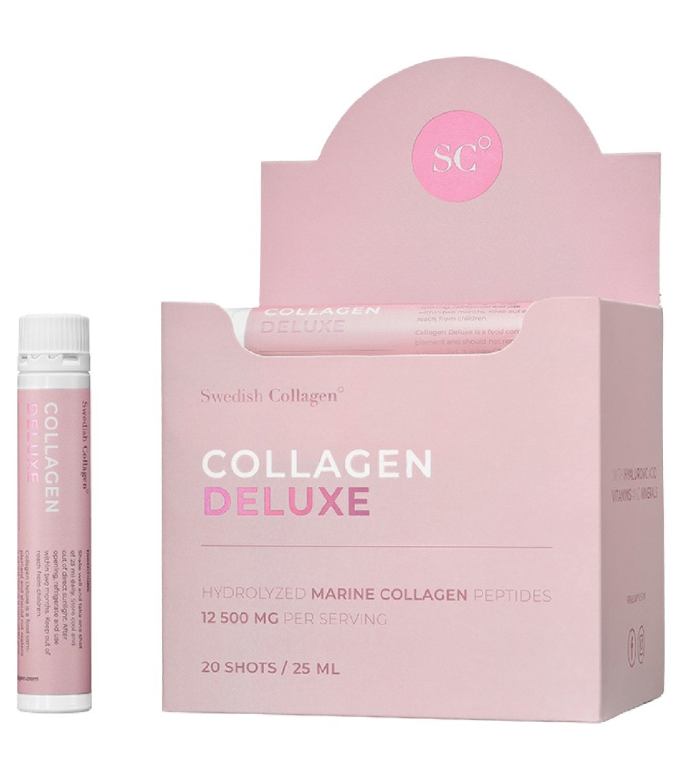 Swedish Collagen - Collagen Deluxe Liquid | Hydrolyzed Marine Collagen Peptides with Hyaluronic Acid, Vitamins and Minerals / 25 мл, 20 дози Swedish Collagen - Collagen Deluxe Liquid | Hydrolyzed Marine Collagen Peptides with Hyaluronic Acid, Vitamins and Minerals / 25 мл, 20 дози