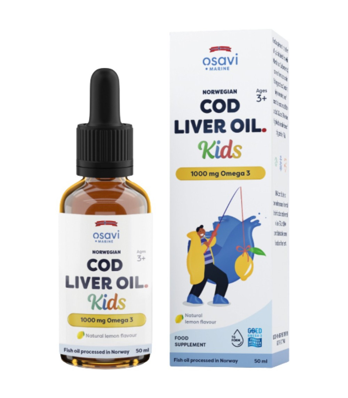 Osavi - Norwegian Cod Liver Oil Kids | Lemon Flavored Liquid Omega Drops / 50 мл, 10 дози