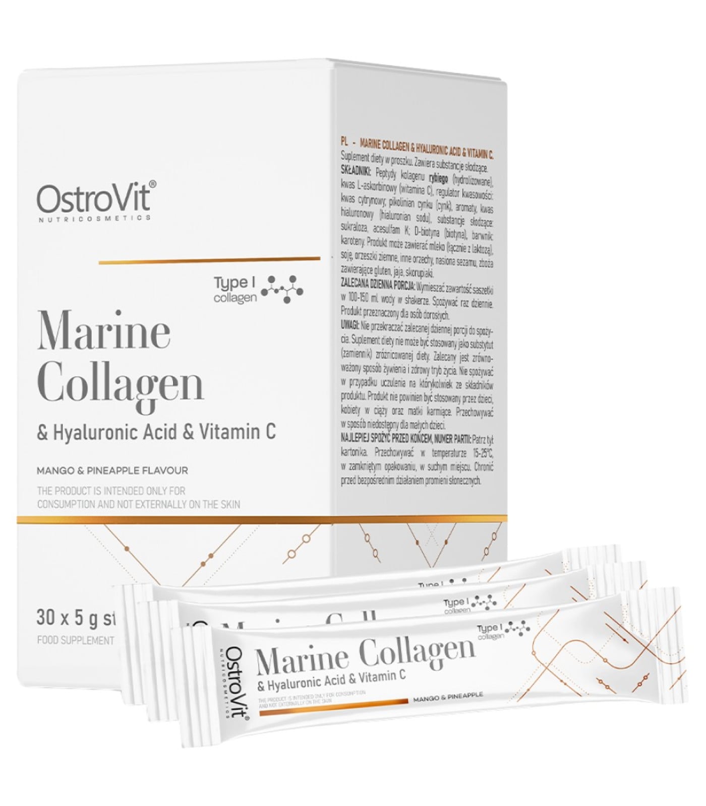 OstroVit - Marine Collagen & Hyaluronic Acid Powder | with Vitamin C / 5 грама, 30 дози / 30 x 5 грама